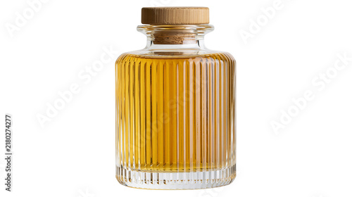 Quadro su tela Fluted glass bottle with amber liquid and cork stopper, isolated on transparent