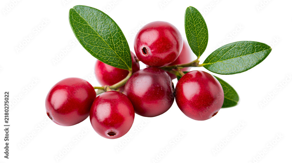 Obraz premium Fresh red cranberries with green leaves isolated on transparent background