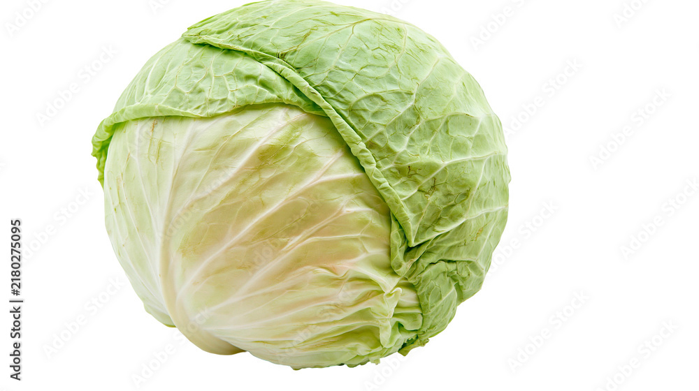Fototapeta premium Fresh green cabbage head with crisp layered leaves, isolated on transparent background