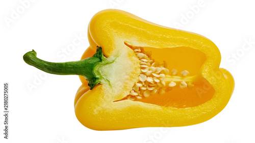 Bild auf Leinwand Bright yellow bell pepper half with visible seeds and green stem, isolated on tr