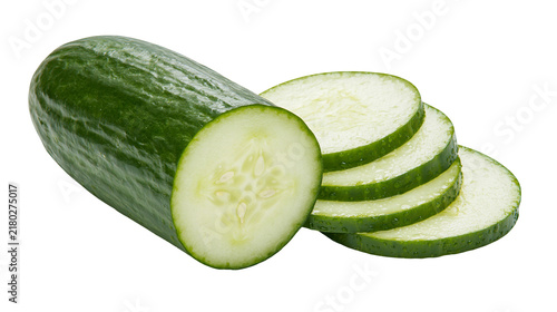 Картината върху платно Whole green cucumber with sliced pieces, isolated on transparent background