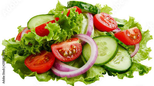 Fresh garden salad with lettuce tomatoes cucumbers and red onion, isolated on transparent background