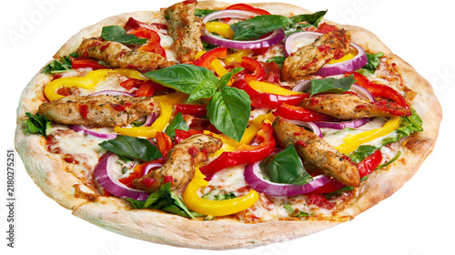 Delicious chicken and vegetable pizza with melted cheese, isolated on transparent background