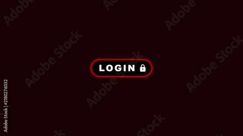 Red neon login button pulsing text and fading padlock icon loop animation on black background