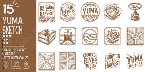Yuma Arizona Vintage Agricultural Graphic Elements, Colorado River, Irrigation, Lettuce & Southwestern Heritage Typography Poster Flyer Design Collection