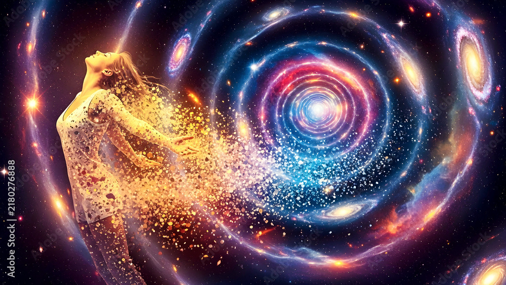 Fototapeta premium Woman Transforming into Particles Within a Spiral Galaxy