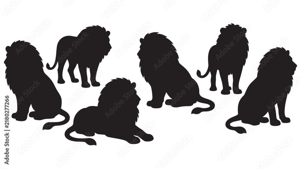 Obraz premium Black silhouette lions in various sitting and standing poses