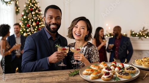 A smiling diverse couple holding festive cocktails at a holiday party with a platter of appetizers and a decorated Christmas tree in a warm, lit living room environment.
