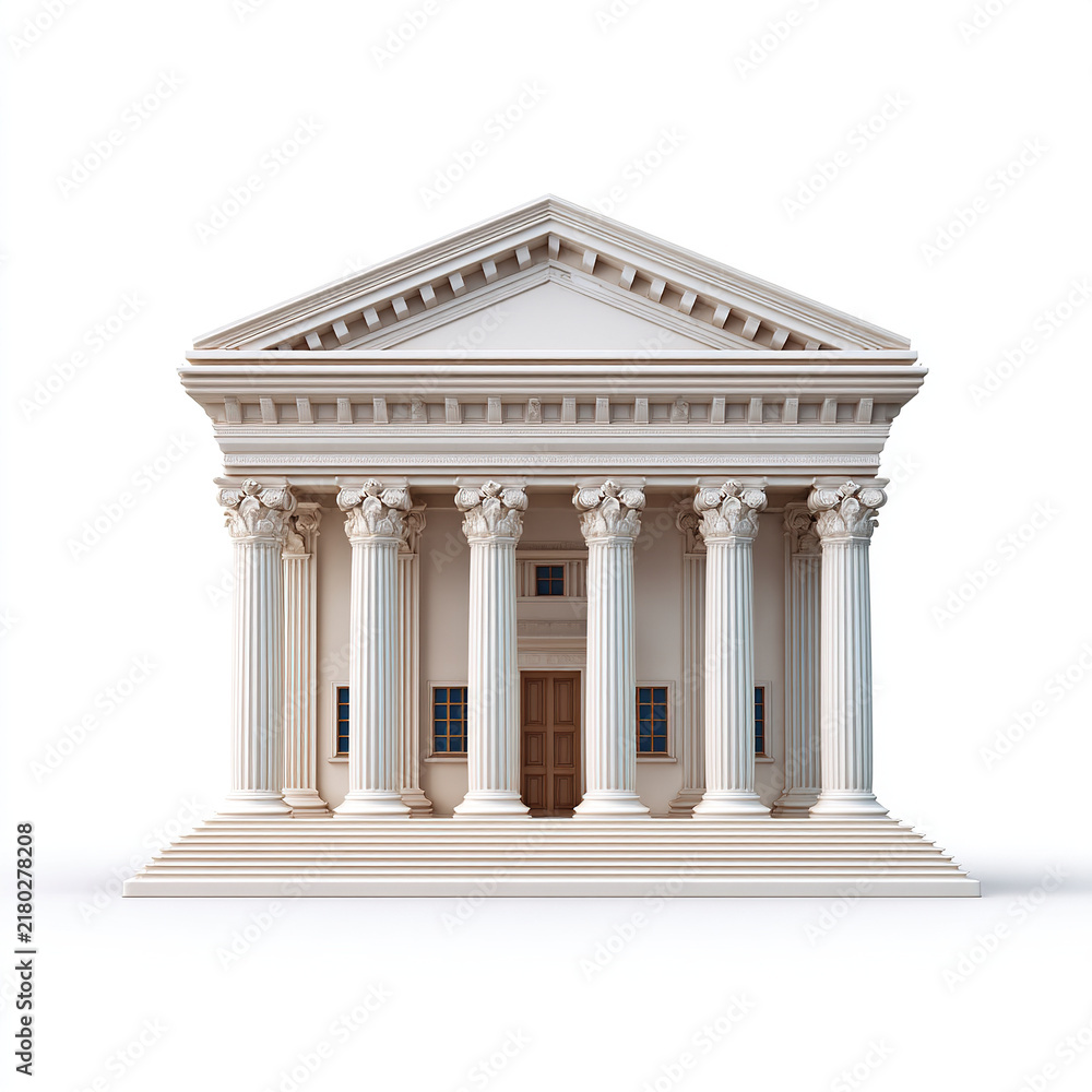 Obraz premium 3D bank building icon, classic finance architecture, realistic style, white background, PNG.