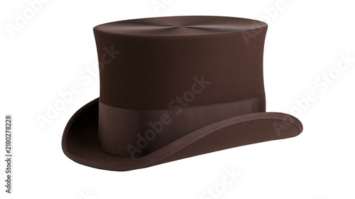 Brown felt top hat with satin band, isolated on transparent background