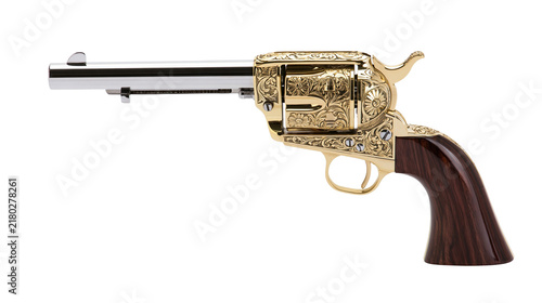 Foto Ornate gold revolver with engraved floral patterns and dark wood handle, isolate