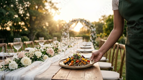 Catering server placing a gourmet vegetable salad plate on a long wooden wedding table decorated with white roses and fairy lights in a garden during sunset golden hour.
