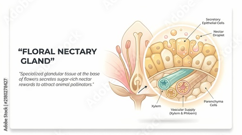 Detailed Scientific Diagram of a Floral Nectary Gland and Vascular Supply System.