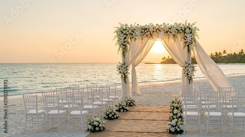 Elegant beach wedding ceremony setup with white floral arch and chairs on a sandy shore at sunset, featuring tropical ocean views and romantic golden lighting in a paradise setting.