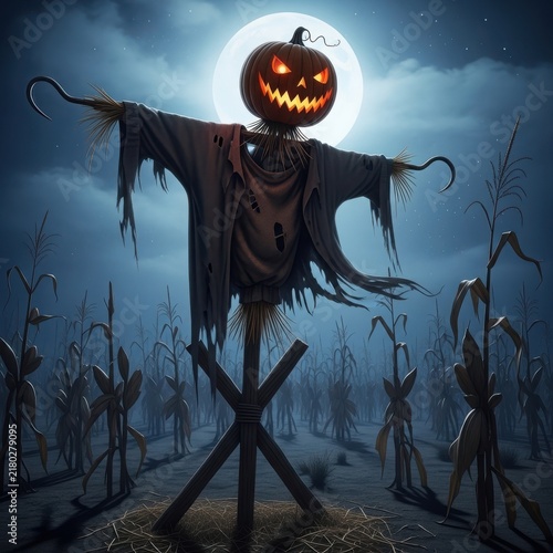 Scary black scarecrow with jack o lantern head at dusk