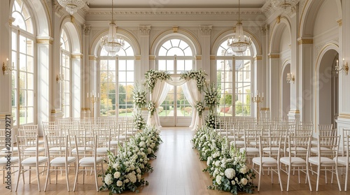 Elegant indoor wedding ceremony setup in a luxury ballroom featuring a white floral arch, chiavari chairs, crystal chandeliers, and grand arched windows with natural sunlight.