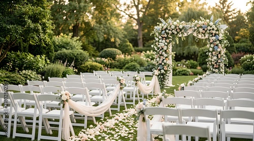 Elegant outdoor wedding ceremony setup in a lush garden featuring white folding chairs, a floral arch, rose petals on the aisle, and soft golden hour lighting for a romantic event.