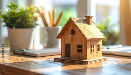 House and Money Concept with 3D Home Model on Wooden Background for Real Estate Property Investment and Residential Housing Business
