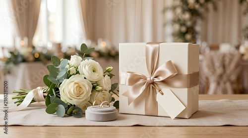 Elegant wedding gift box with satin ribbon, bouquet of white roses and eucalyptus, and gold wedding rings on a wooden table with a blurred reception background.