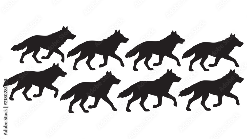 Obraz premium Black silhouette wolves running in a pack formation