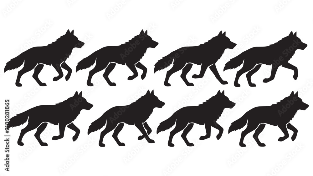 Fototapeta premium Black silhouette wolves running in a pack formation