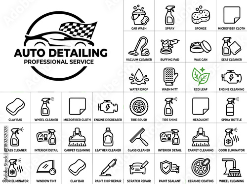 Professional Auto Detailing Line Icon Mega Set with Car Wash Polish Wax Interior Cleaning Vacuum and Vehicle Care Tools
