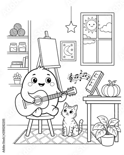 Cute fluffy monster playing acoustic guitar sitting on a stool in a cozy room coloring page with art easel kids activity black and white printable sheet