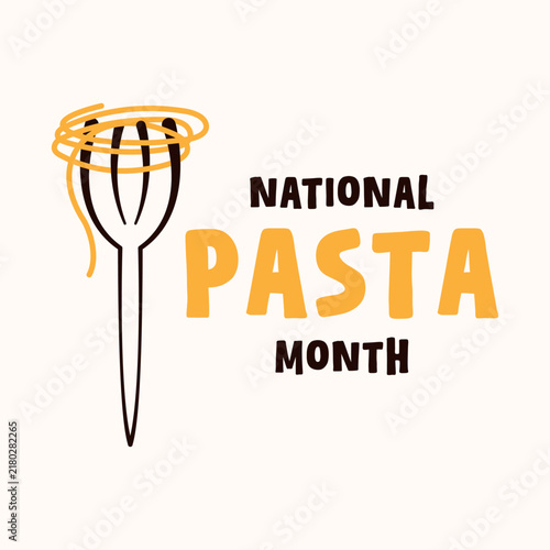 National Pasta Month typography design with a stylized fork and spaghetti vector illustration. Perfect for culinary events, restaurant promotions, and food celebrations.