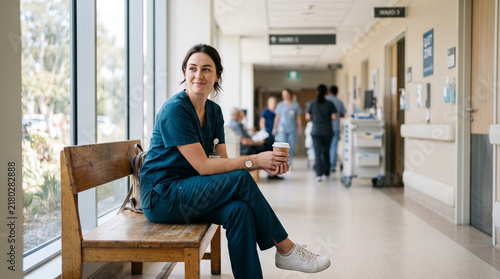 A dedicated female healthcare professional takes a brief coffee break while sitting on a wooden bench inside a busy medical center hallway during her demanding shift at a local community