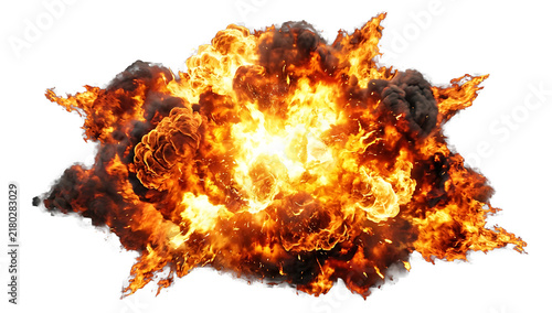 Large realistic fiery explosion with bright flames and thick black smoke