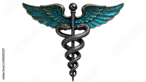 Obraz na plátne Detailed caduceus symbol with teal wings and entwined snakes, isolated on transp