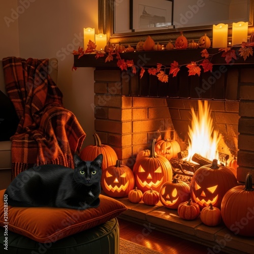 Black cat sitting near warm fireplace at night
