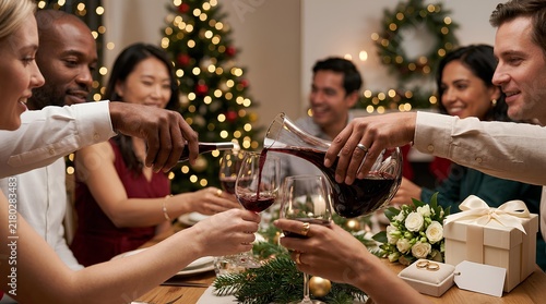 Multi-ethnic group of friends celebrating Christmas dinner party, pouring red wine into glasses at a festive table decorated with ornaments, gifts, and a glowing holiday tree background.