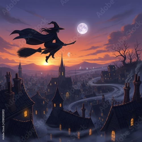 Witch flying on broomstick under moonlit sky