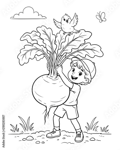 Happy boy pulling a giant turnip from the garden soil with a bird watching giant vegetable coloring page coloring book line art black and white fairy tale
