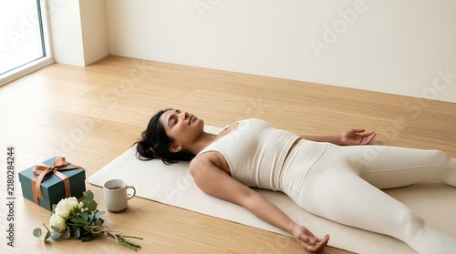 Young woman of South Asian descent practicing Savasana yoga pose on a mat in a bright room next to a gift box, white roses, and a mug of tea, highlighting mindfulness and self-care.