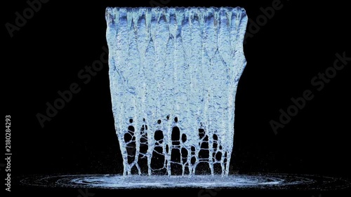 Front view of Dripping Water with a Large Flow from a medium linear source to the ground on a black background