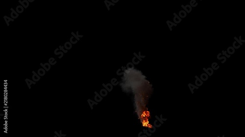 High Angle view of Tiny Oil Fire with Tall Flames in varying Orange and Dense Smoke Plume with fast Dissipation on a Black Background
