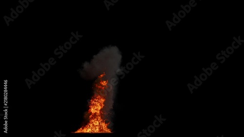 Side view of Medium Oil Fire with Tall Flames in varying Orange and Dense Smoke Plume with fast Dissipation on a Black Background