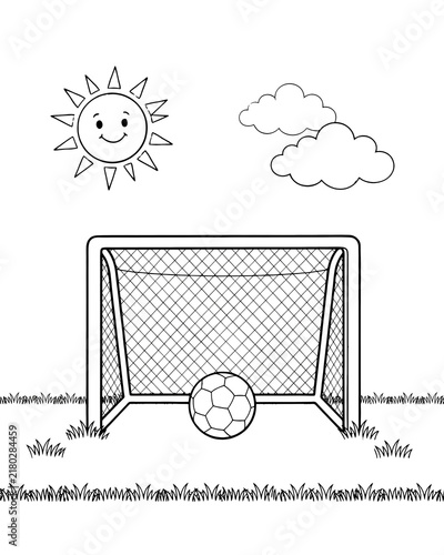 Soccer goal post with a football on the grass field under a smiling sun and fluffy clouds football net sports equipment coloring page football game line art