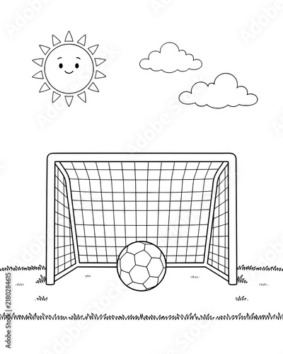 Soccer goal with football ball on grass field under sun and clouds coloring page sunny sky sports equipment kids activity outline drawing sport theme