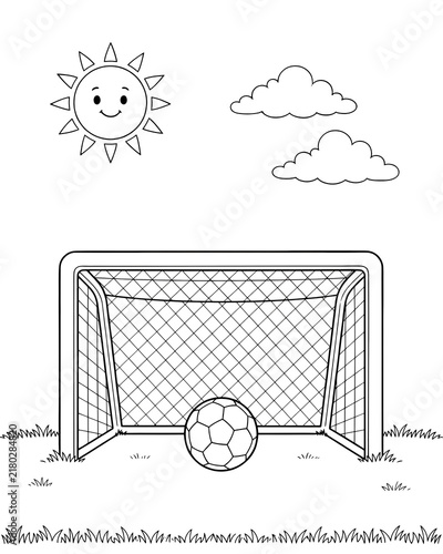 Soccer ball in front of a goal net with a smiling sun and clouds outline drawing coloring page football goal kids activity sport game line art black