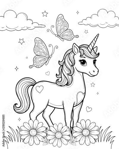 Cute unicorn in a flower meadow with butterflies and stars coloring page magical creature fantasy animal daisy flowers kids coloring fairy tale line art