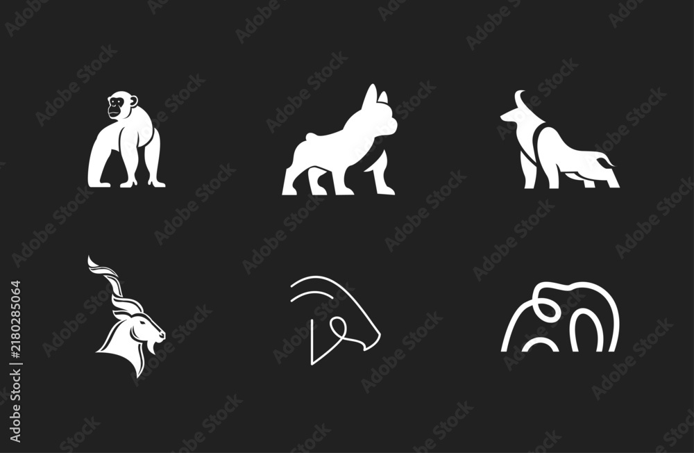 Fototapeta premium Minimalist Animal Logos Collection. Modern vector icons featuring monkey, bulldog, bull, markhor, horse, and elephant for branding and design projects.