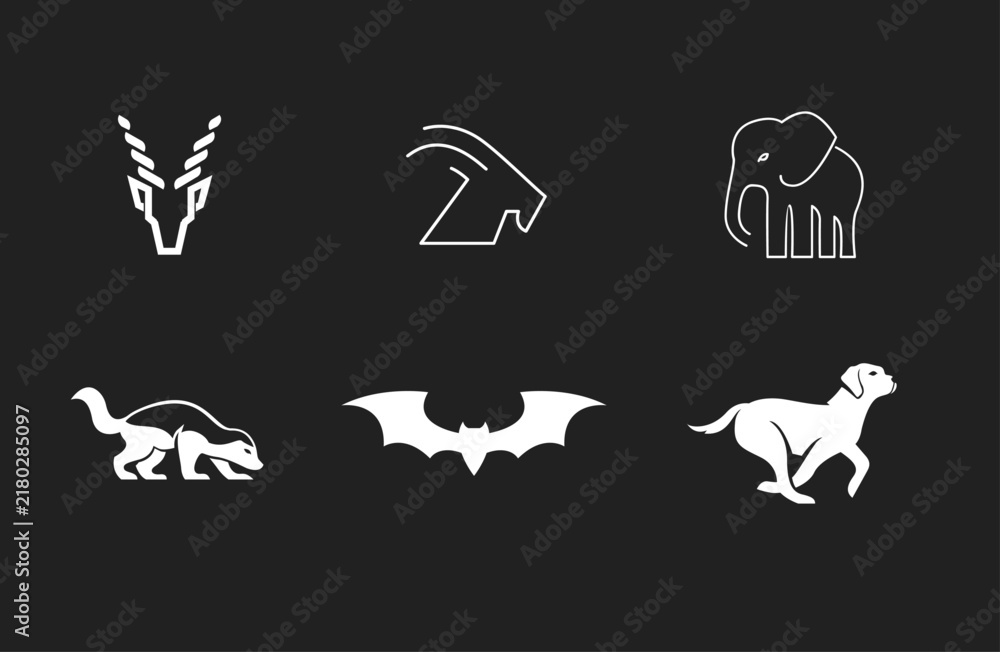 Fototapeta premium Modern animal vector logo and illustration set, featuring stylized gazelle, goat, elephant, badger, bat, and running dog designs on a dark background.
