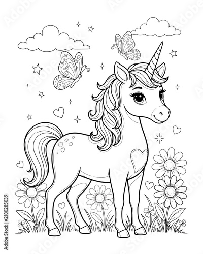 Cute unicorn coloring page with flowers butterflies stars and clouds coloring book magic unicorn line art kids activity fairy tale cute animal butterflies