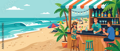 People enjoying refreshing cocktails at a tropical beach bar during summer vacation.
