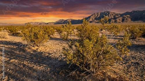 Stunning Sunset Over Mojave Desert Landscape With Creosote Bushes.