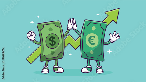 Cartoon dollar and euro banknote characters high fiving and celebrating currency growth together.