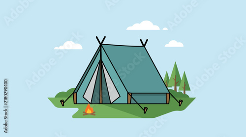 Cartoon illustration of a camping tent in the forest with a campfire.